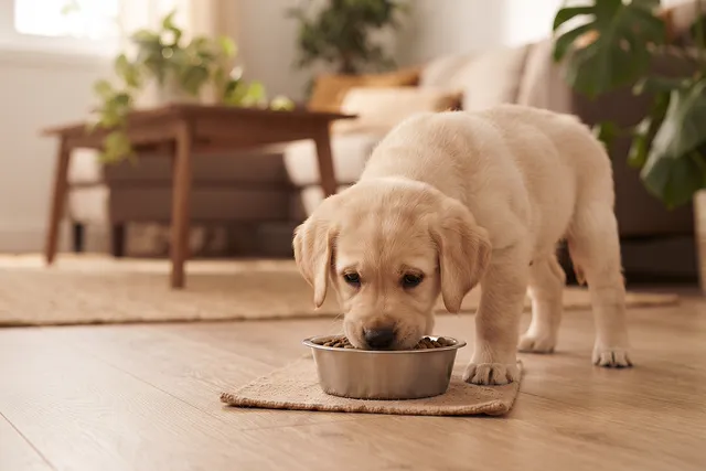 Cachorro de labrador comiendo de un cuenco pequeño