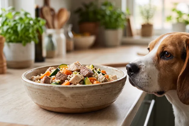 Cuenco con comida fresca cocinada para perro en trozos