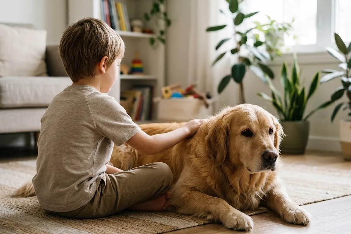 Niño pequeño sentado en el suelo del salón junto a un perro golden tranquilo