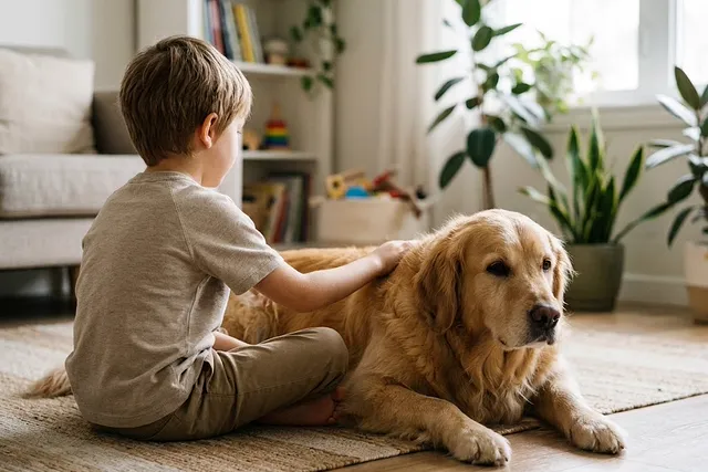 Niño pequeño sentado en el suelo del salón junto a un perro golden tranquilo