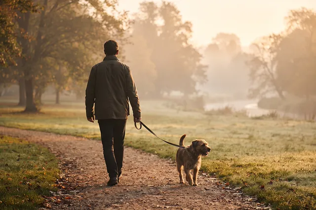 Persona paseando a su perro al amanecer por un parque