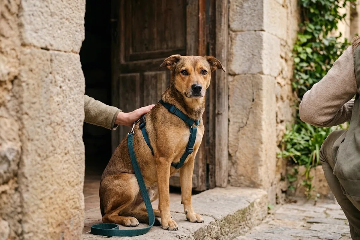 Perro adoptado con arnés nuevo sentado en el portal de una casa de piedra