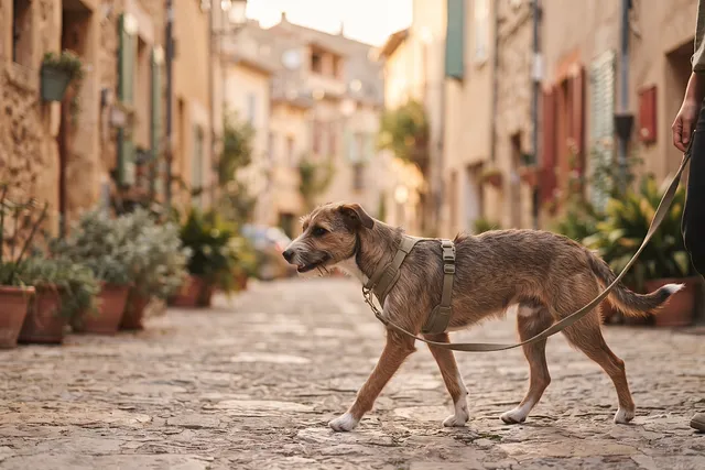Perro con arnés paseando relajado por una calle de pueblo
