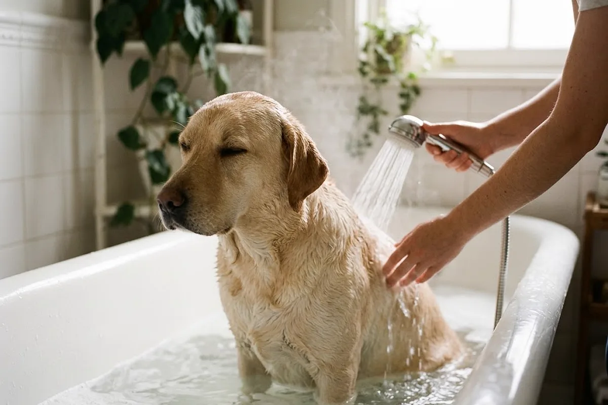 Labrador mojado en una bañera mientras una persona le aclara el lomo con una ducha de mano