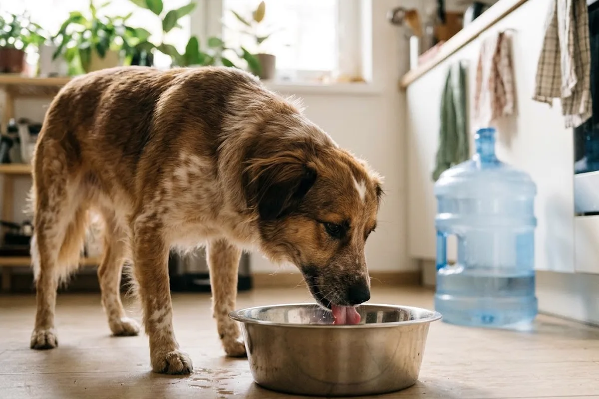 Perro mestizo bebiendo de un cuenco de acero en la cocina junto a una garrafa de agua