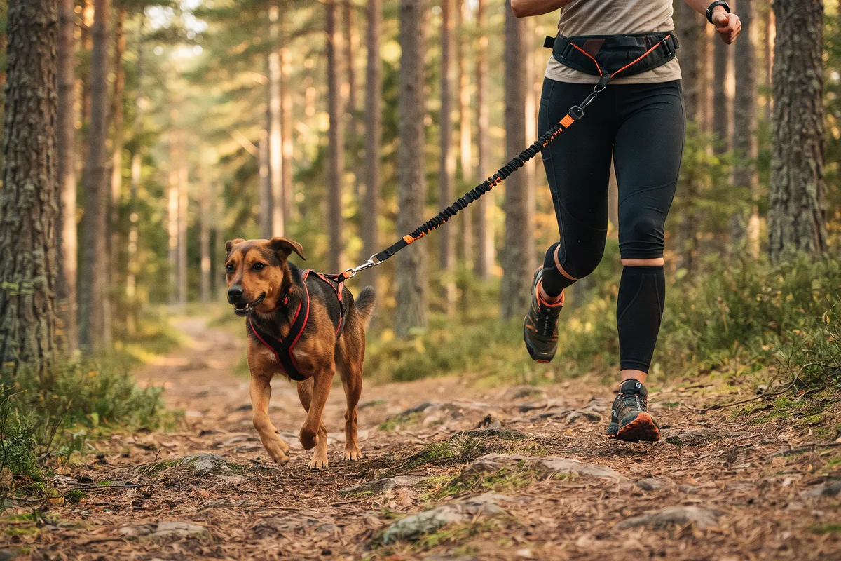 Perro con arnés de tiro corriendo junto a su dueña por un sendero entre pinos