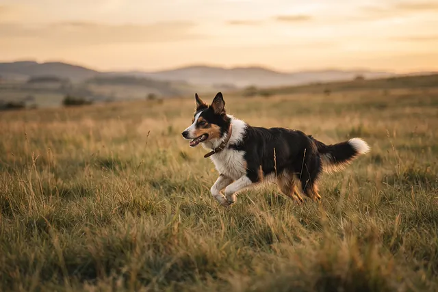 Perro corriendo por un campo abierto con un collar