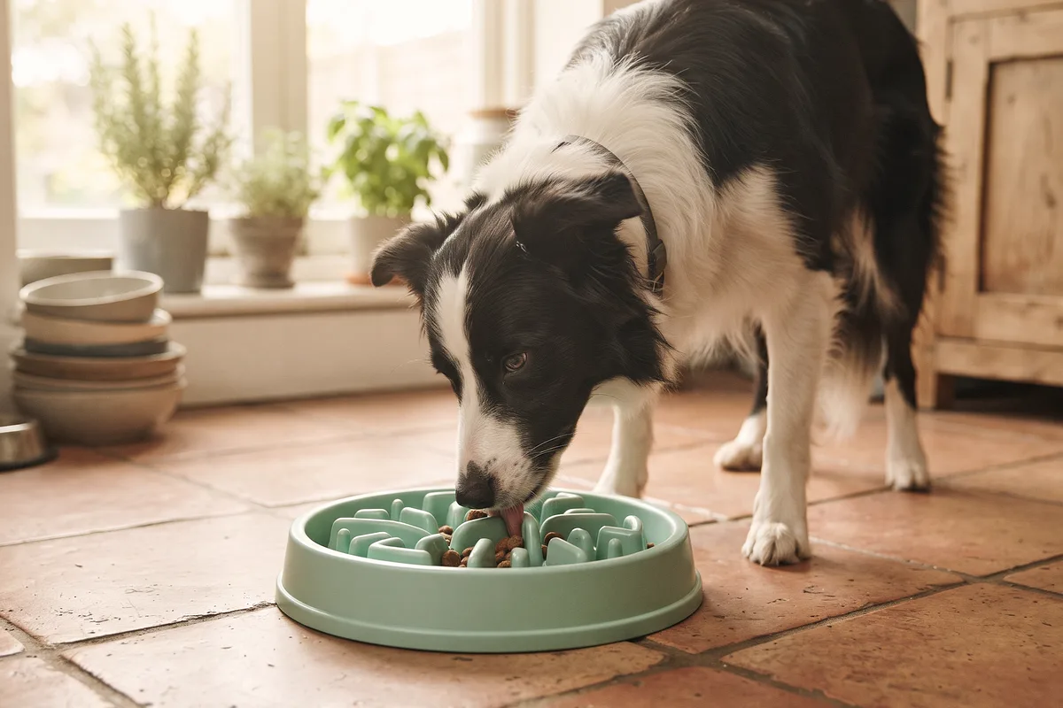 Border collie comiendo de un comedero lento con relieves