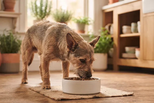 Perro comiendo de un cuenco de cerámica en la cocina