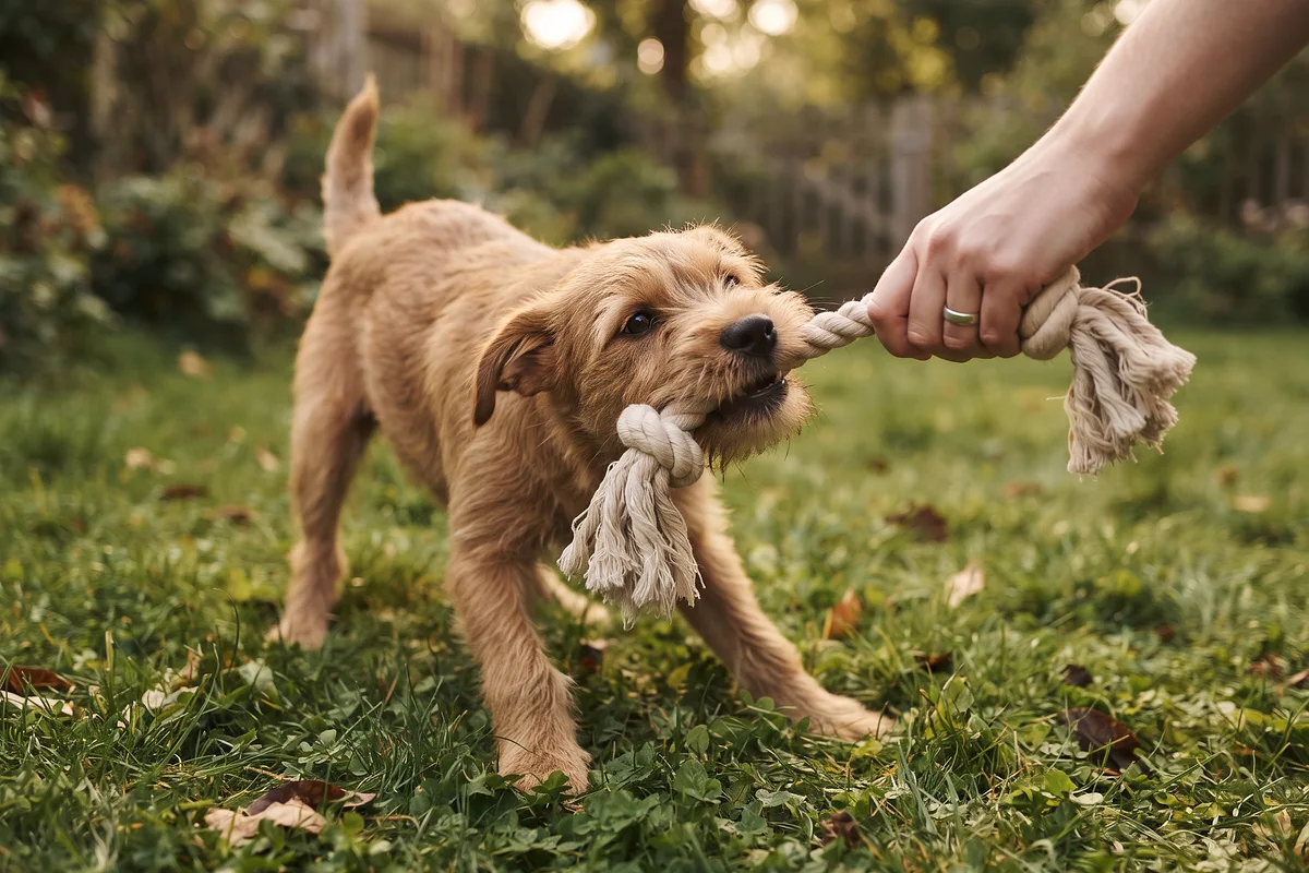 Perro joven tirando de una cuerda de algodón en el césped de un jardín