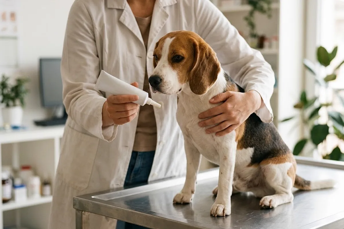 Veterinaria sujetando a un beagle sobre la camilla con un tubo de pasta antiparasitaria en la mano