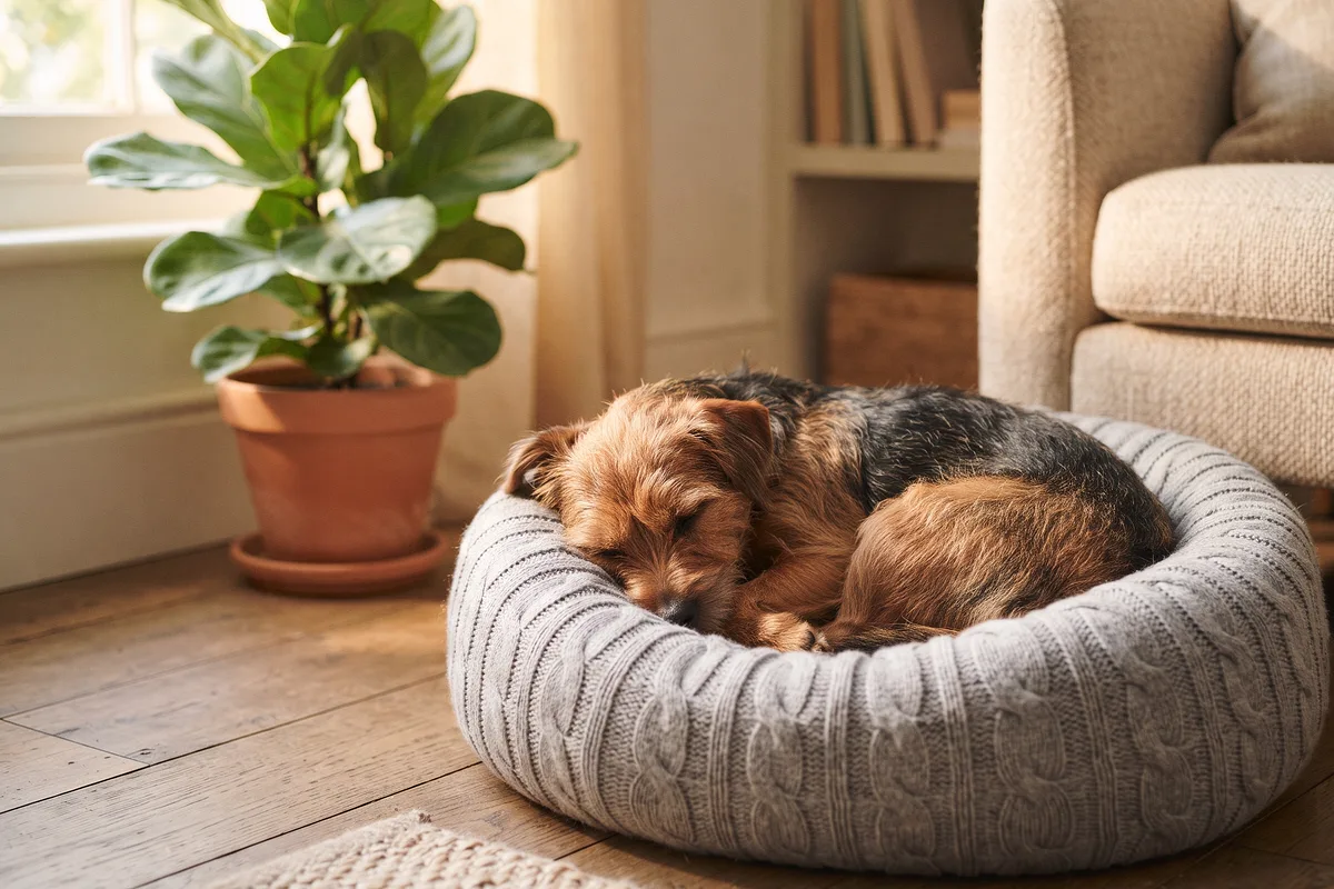 Perro pequeño durmiendo enroscado en una cama redonda gris