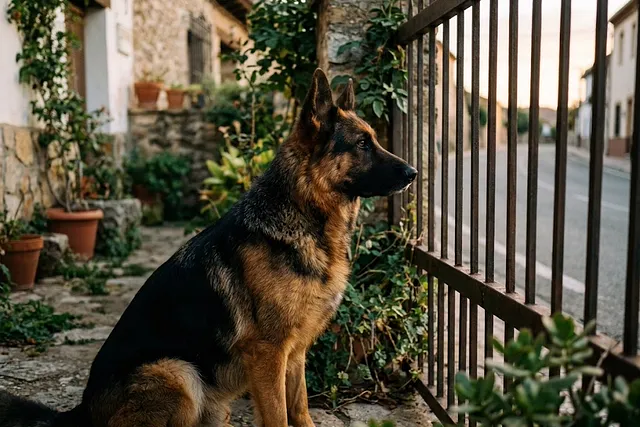 Perro pastor alemán vigilando atento junto a la verja de un jardín