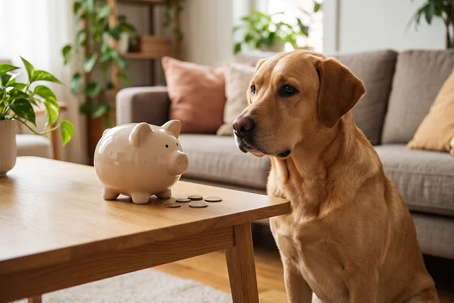 Perro sentado junto a una hucha de cerámica y unas monedas