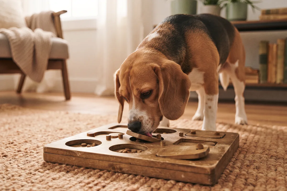 Beagle olfateando un juego de inteligencia de madera en busca de premios