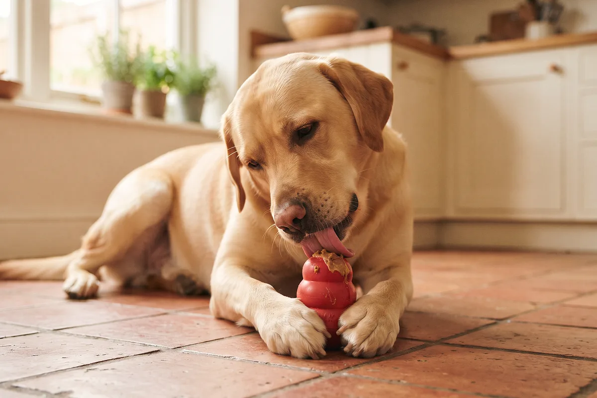 Labrador tumbado en la cocina lamiendo un juguete rellenable de caucho rojo