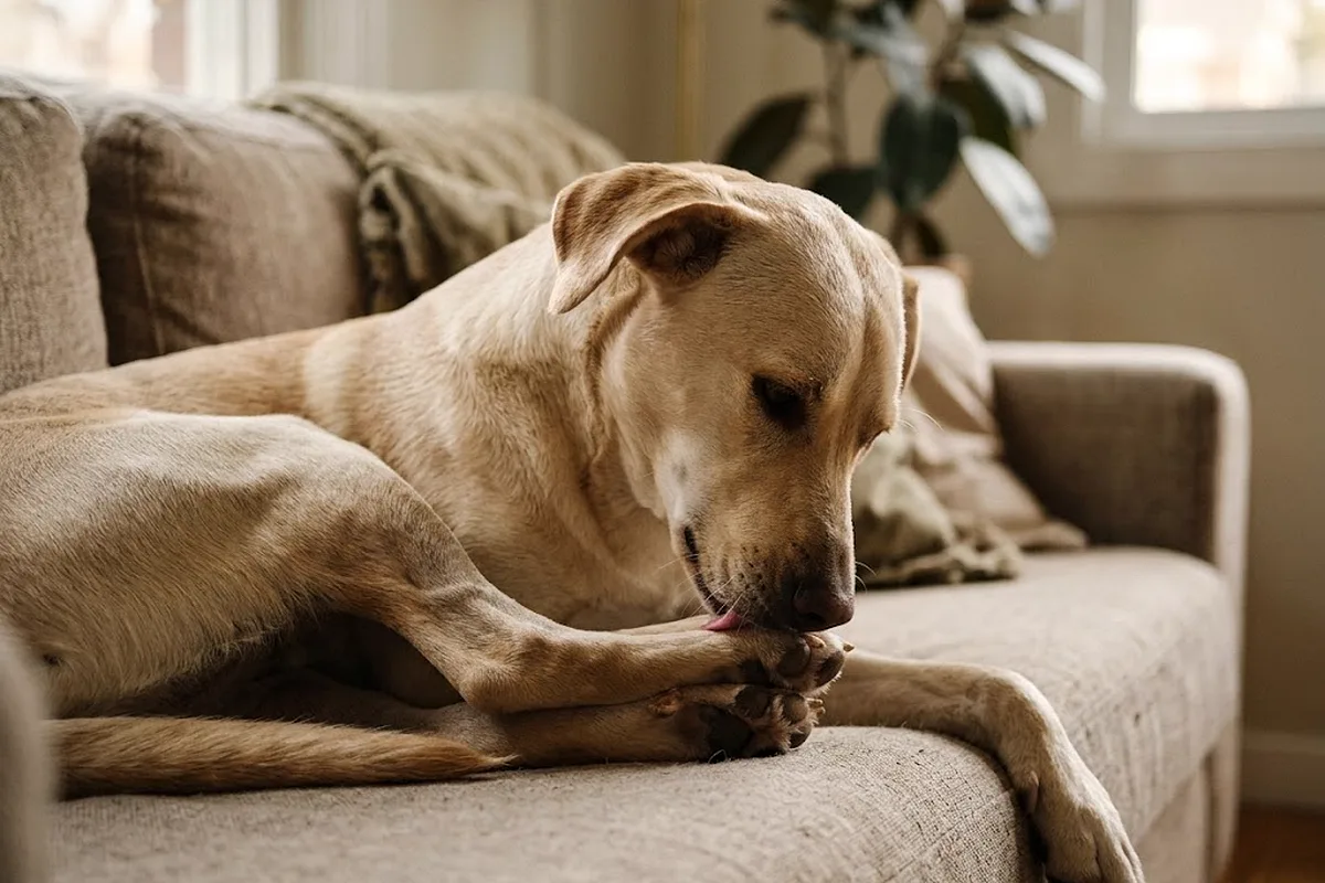 Perro tumbado en un sofá lamiéndose una pata delantera