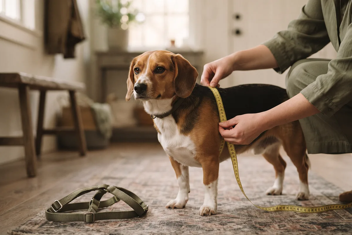 Manos midiendo con una cinta el pecho de un perro, con un arnés en el suelo