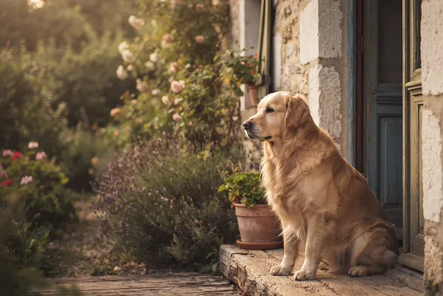 Perro sentado en el umbral de una casa mirando hacia fuera