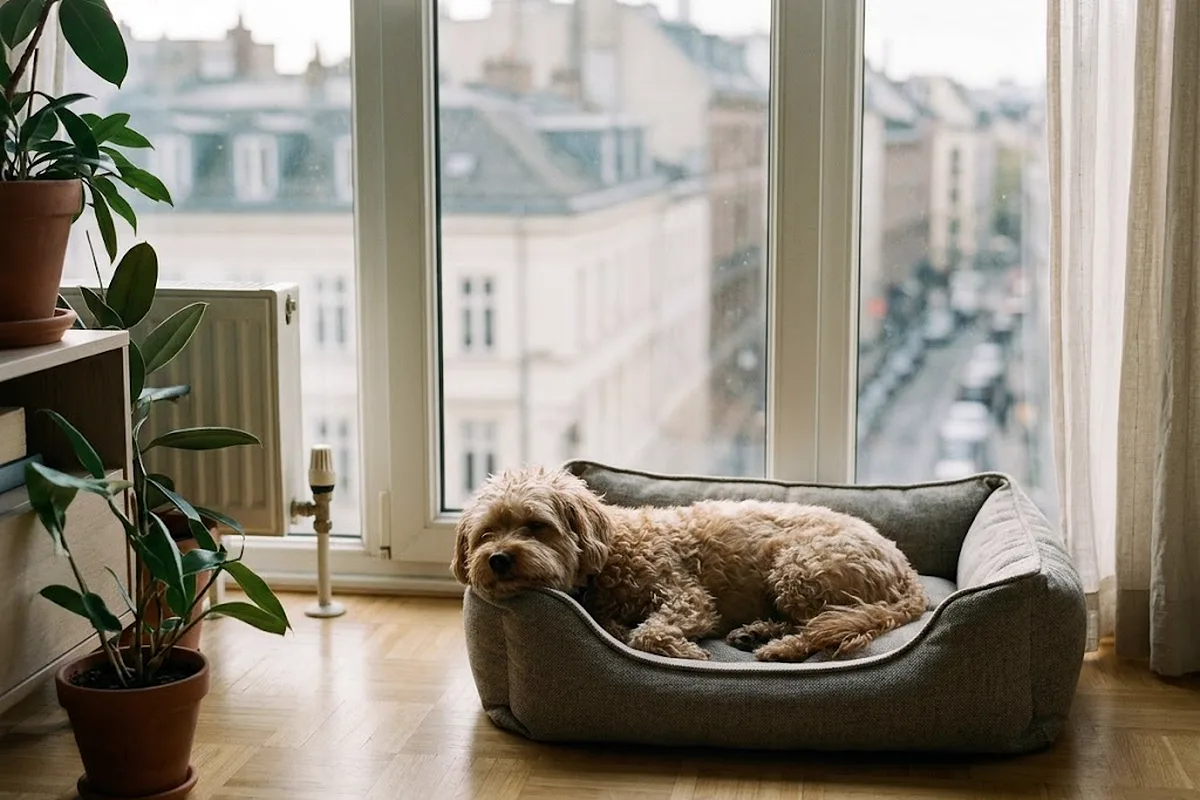 Perro pequeño tumbado en una cama junto a la ventana de un piso luminoso