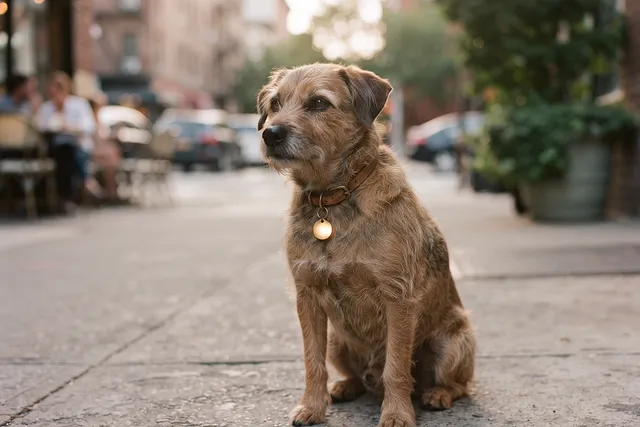 Perro con placa de identificación en el collar sentado en la calle