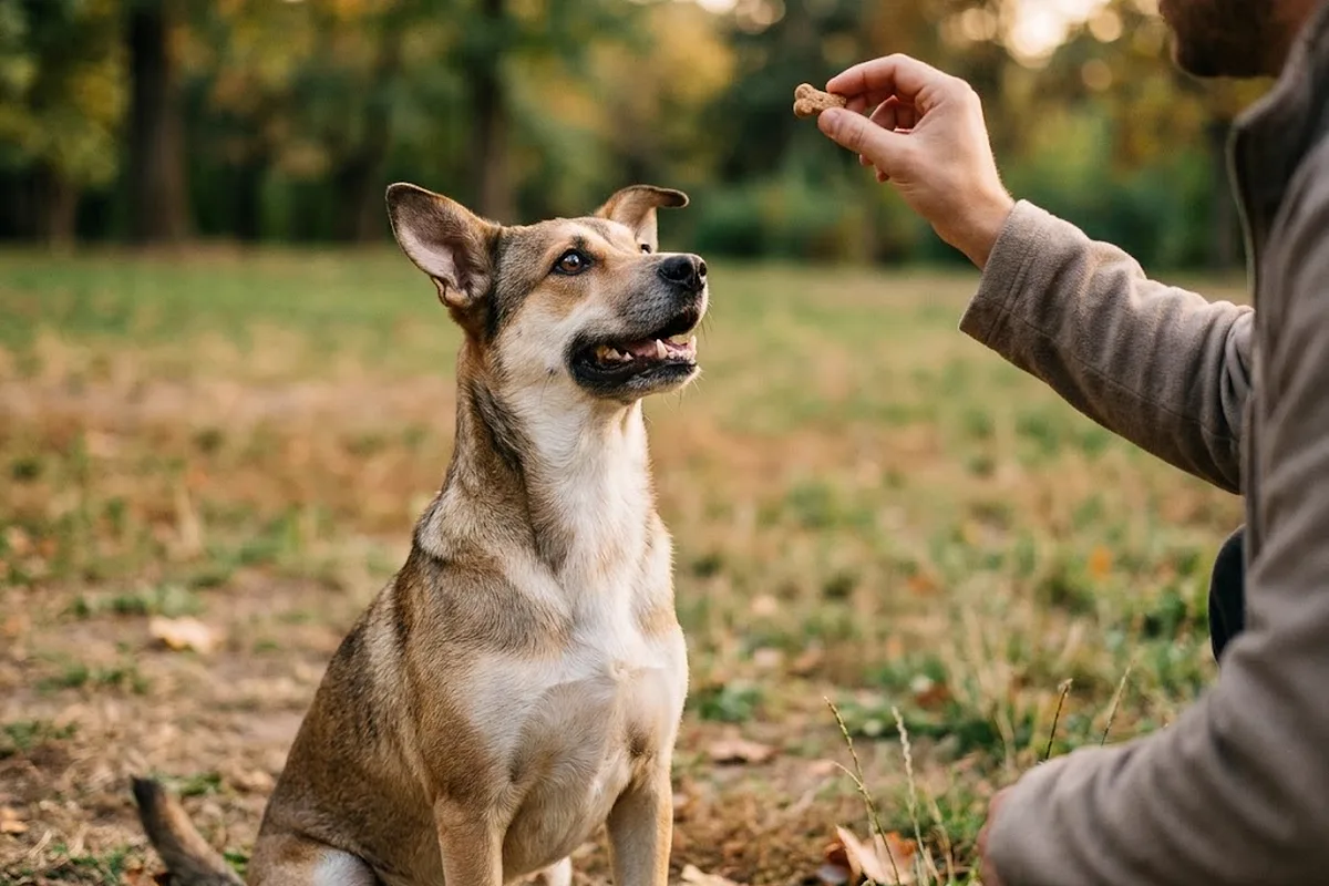 Perro sentado y atento mirando un premio en la mano de su dueño