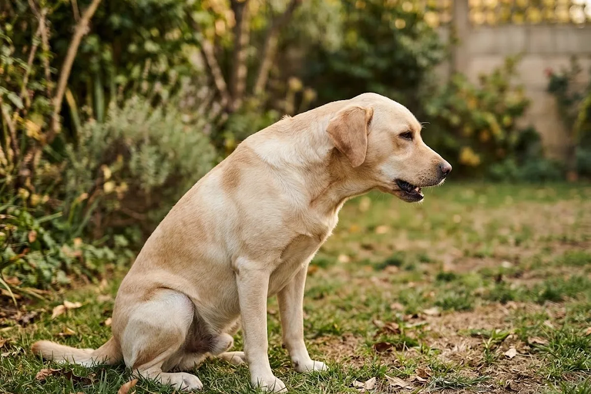 Perro labrador sentado en un jardín con el cuello estirado como si fuera a toser