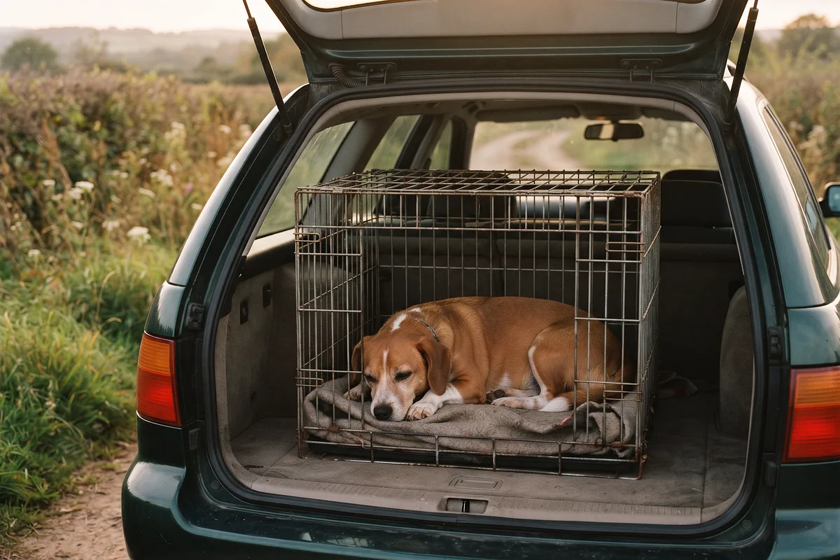 Perro tumbado dentro de un transportín de rejilla en el maletero de un coche