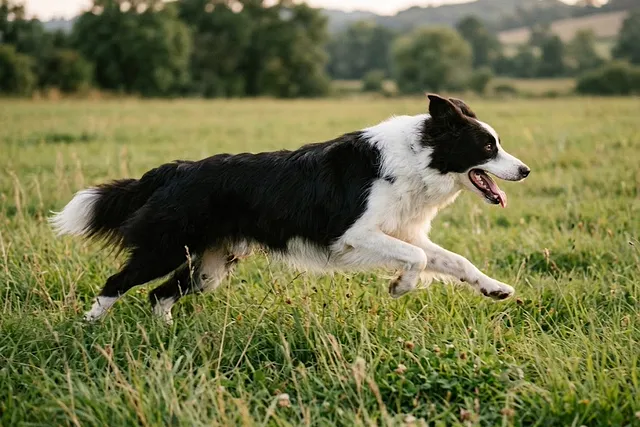 Border collie blanco y negro corriendo por un prado verde