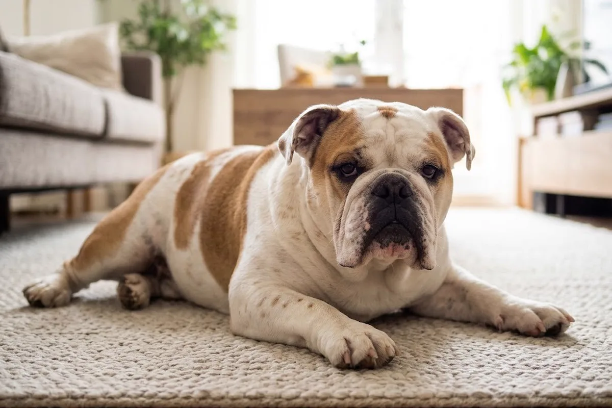 Bulldog inglés blanco y fulvo tumbado sobre una alfombra