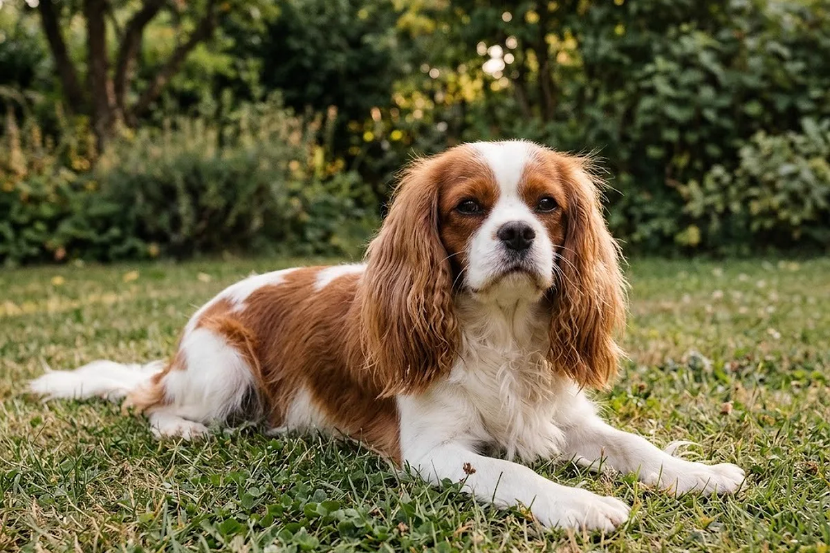 Cavalier king charles blanco y castaño tumbado en la hierba