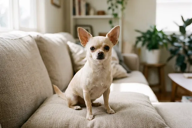 Chihuahua pequeño sentado sobre un cojín en un salón