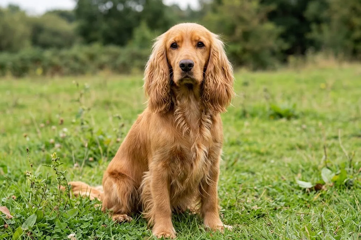 Cocker spaniel inglés dorado sentado en la hierba