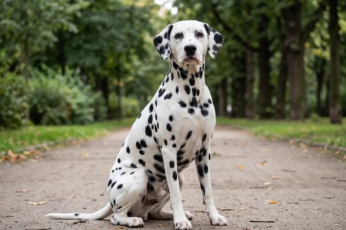 Dálmata sentado en un paseo de parque