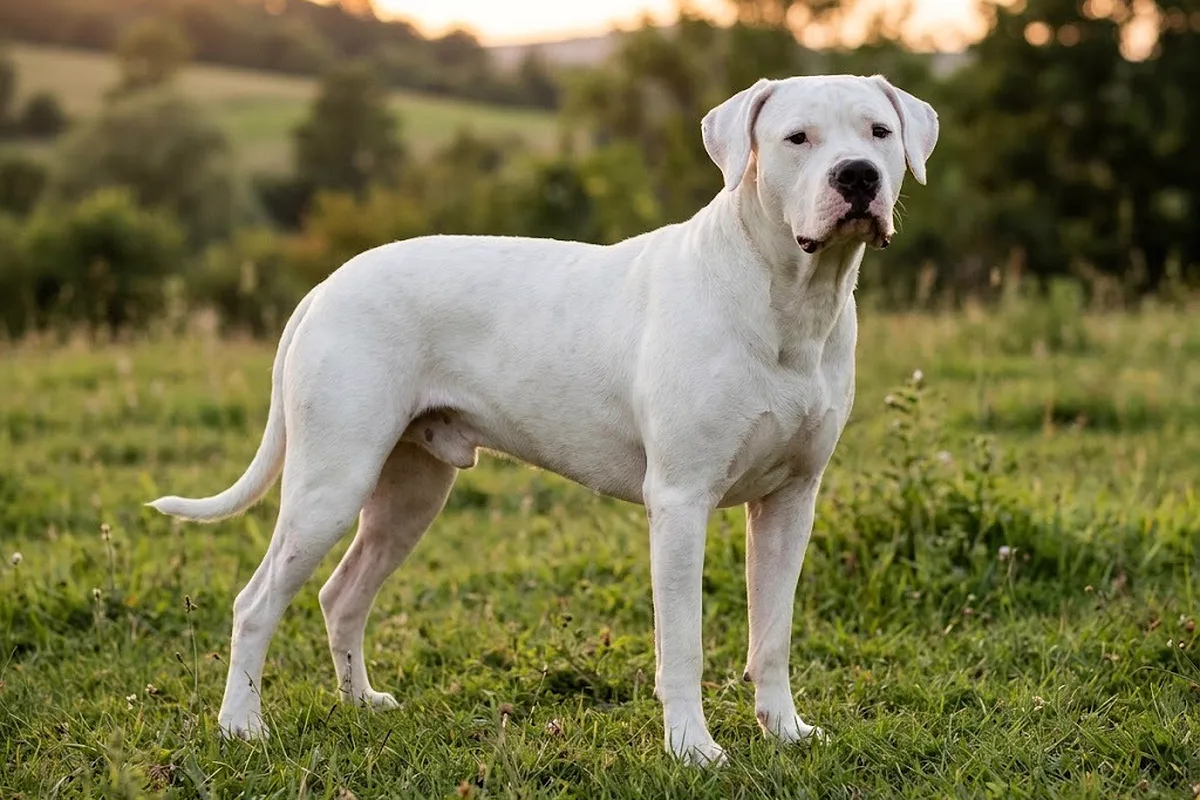 Dogo argentino blanco de pie en un prado