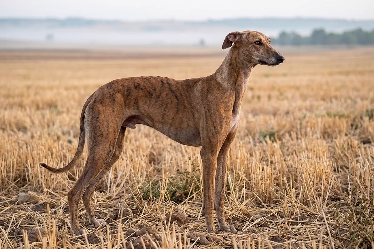 Galgo español atigrado de pie en un campo de rastrojo