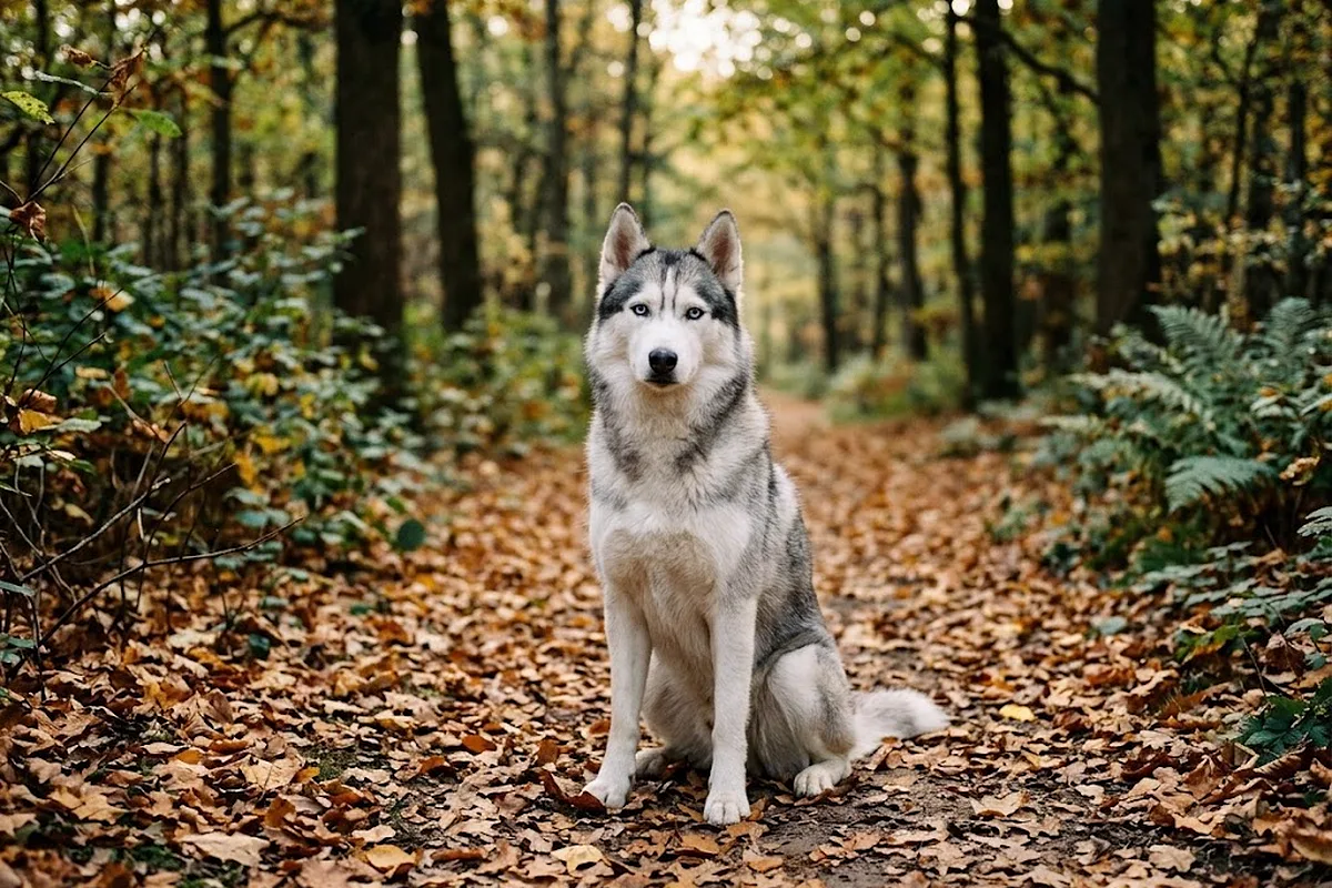 Husky siberiano de ojos claros sentado sobre un sendero con hojas