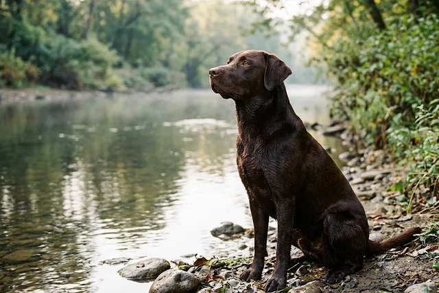 Labrador retriever color chocolate sentado en la orilla de un río