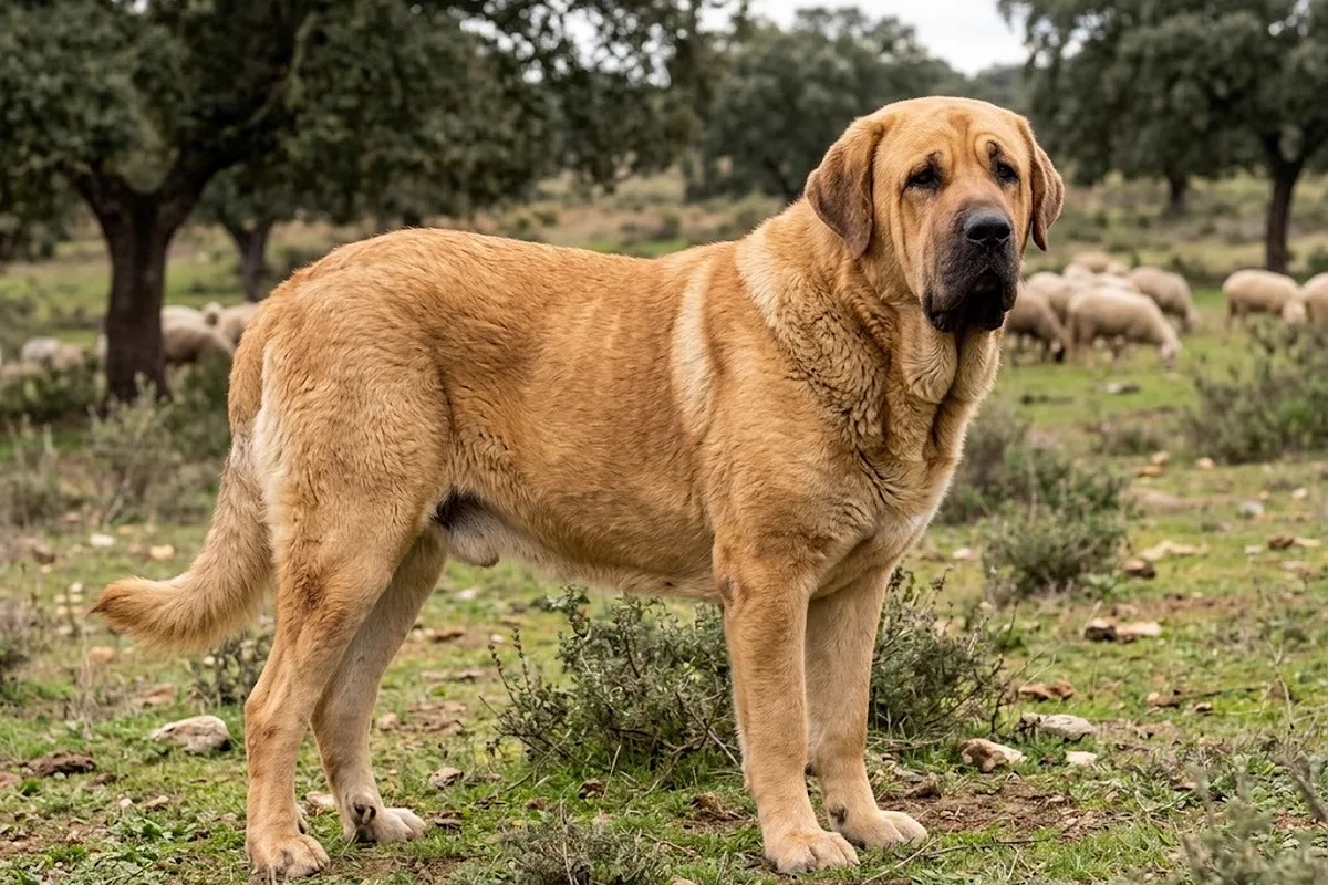 Mastín español leonado de pie en una dehesa