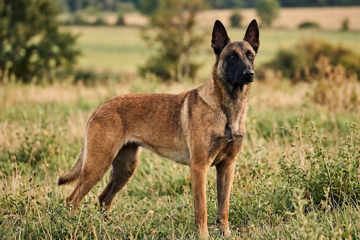 Pastor belga malinois leonado con máscara negra de pie en un prado