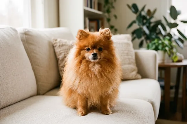 Pomerania naranja de pelo esponjoso sentado en un sofá
