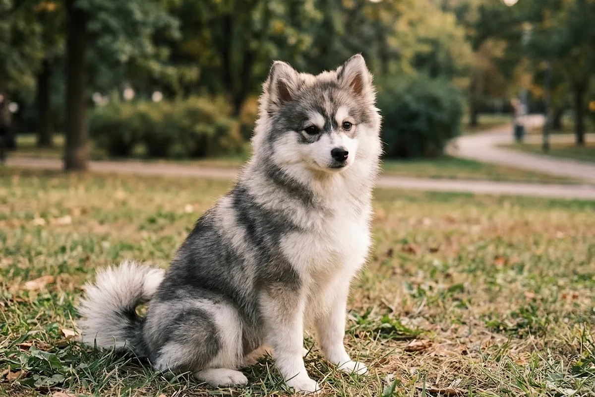 Pomsky gris y blanco con antifaz sentado en un parque