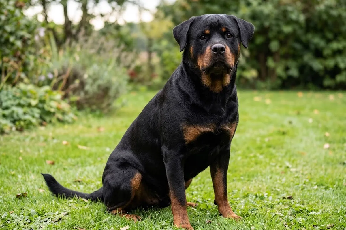 Rottweiler negro con marcas caoba sentado en un jardín