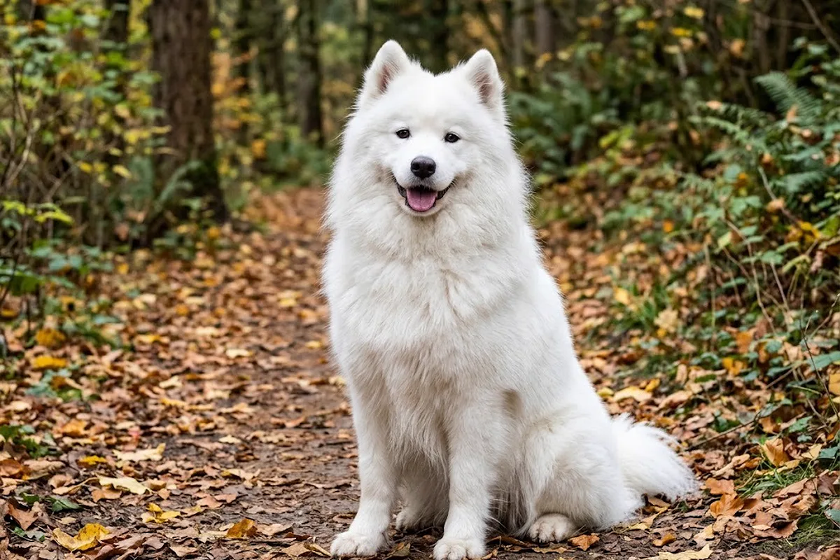 Samoyedo blanco sentado en un camino de bosque