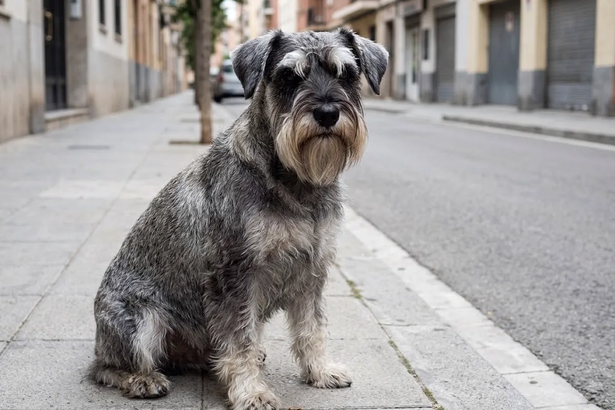 Schnauzer sal y pimienta sentado en una acera