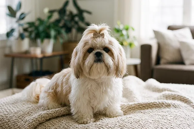 Shih tzu de pelo largo con un lazo sentado sobre una manta