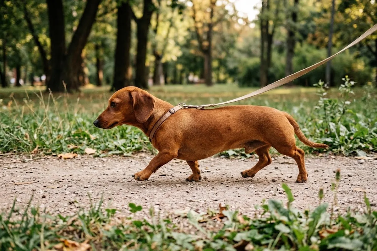 Teckel de pelo corto caminando por un parque con la correa floja