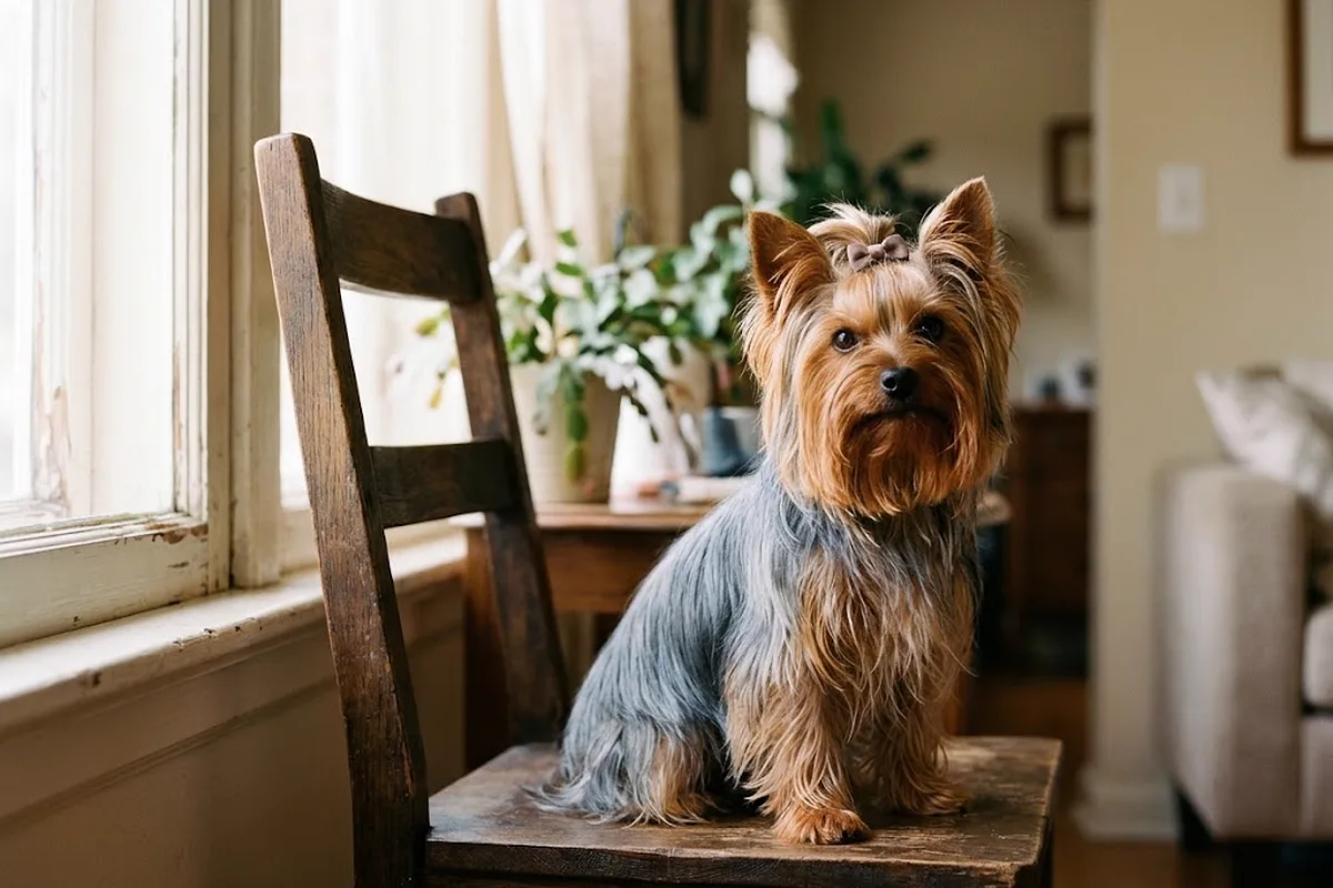 Yorkshire terrier con el pelo largo y un lazo sentado en una silla