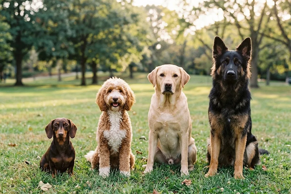 Perros de varias razas y tamaños sentados juntos en un parque