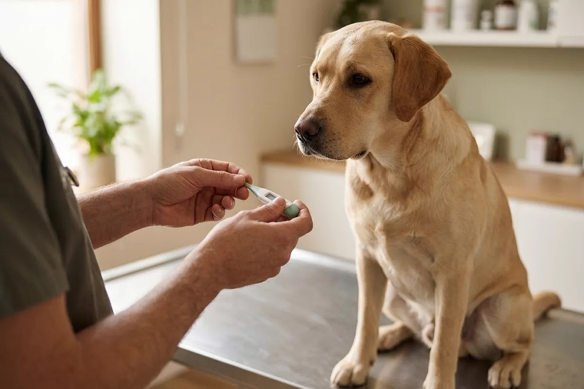 Manos con un termómetro digital junto a un perro labrador en una camilla veterinaria